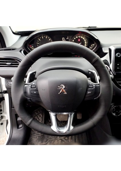 Dikişli Direksiyon Kılıfı Siyah Deri Noktalı Deri Siyah Dikişli Peugeot 208 Için