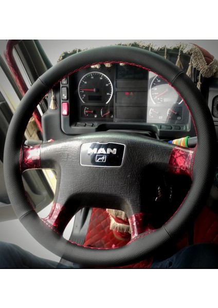 Dikişli Direksiyon Kılıfı Noktalı Deri Siyah Deri Kırmızı Dikişli Man Tgs Tuşsuz Model Için