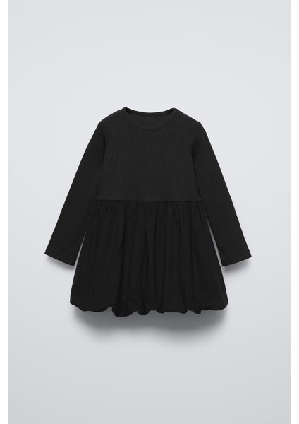 Siyah Pamuklu Uzun Kollu Balon Etekli Elbise