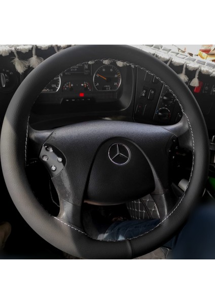 Dikişli Direksiyon Kılıfı Siyah Deri Gri Dikişli Mercedes Tır Kamyon (Fotoğraftaki Direksiyon) Için