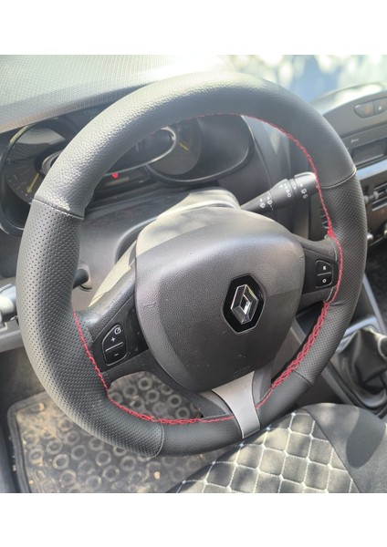 Dikişli Direksiyon Kılıfı Siyah Deri Noktalı Deri Kırmızı Dikişli Renault Clio 4 (1.seri) Için