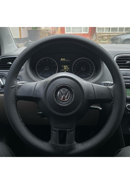 Dikişli Direksiyon Kılıfı Siyah Deri Siyah Dikişli Volkswagen Polo Için