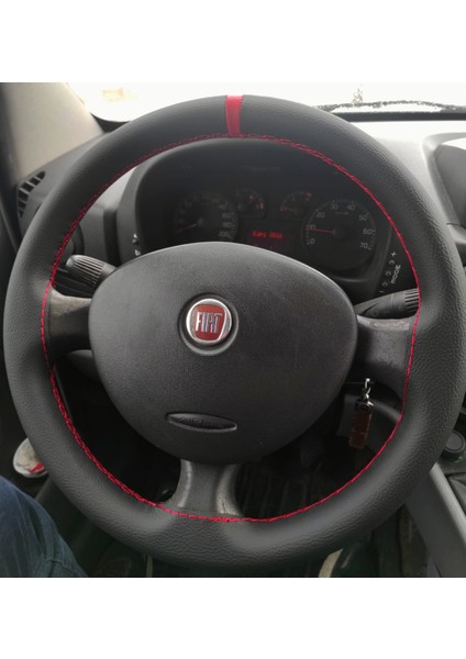 Dikişli Direksiyon Kılıfı Siyah Deri Kırmızı Yüzük Kırmızı Dikişli Fıat Doblo Için