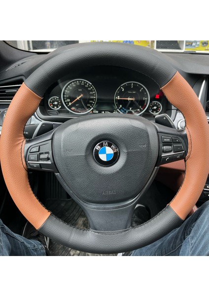 Dikişli Direksiyon Kılıfı Siyah Deri Taba Deri Siyah Dikişli Bmw 5 Için
