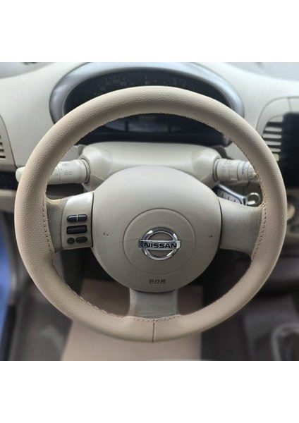 Dikişli Direksiyon Kılıfı Bej Deri Bej Dikişli Nissan Micra Için