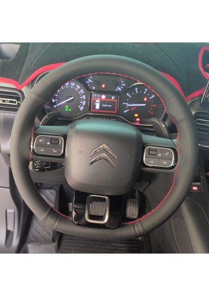 Dikişli Direksiyon Kılıfı Siyah Deri Noktalı Deri Kırmızı Dikişli Citroen Berlingo Için