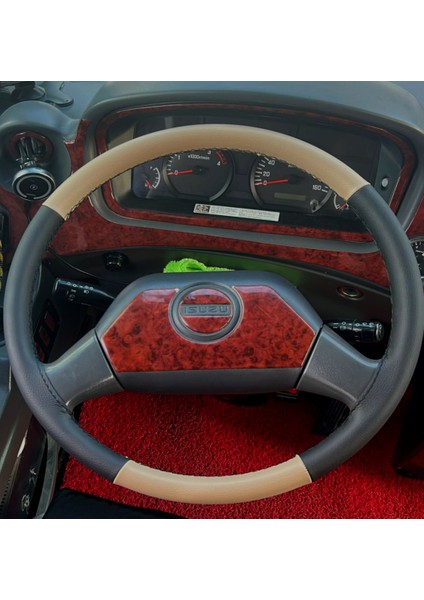 Dikişli Direksiyon Kılıfı Bej Deri Siyah Deri Siyah Dikişli Isuzu Novo Lux 2013 Kasa Için