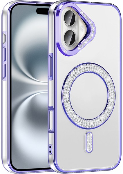 iPhone 16 Plus Kılıf Pırlanta Taş Tasarımlı M-Safe Şarj Özellikli Karetta Silikon Kapak
