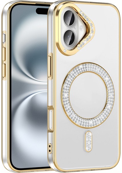 iPhone 16 Plus Kılıf Pırlanta Taş Tasarımlı M-Safe Şarj Özellikli Karetta Silikon Kapak