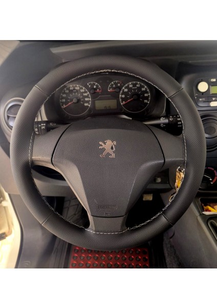 Dikişli Direksiyon Kılıfı Siyah Deri Noktalı Deri Gri Dikişli Peugeot Bipper Için