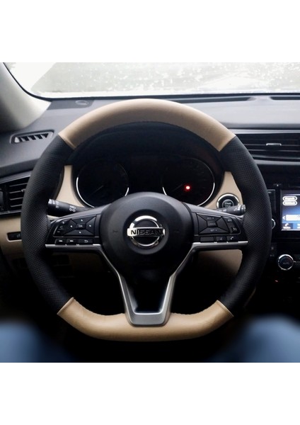 Dikişli Direksiyon Kılıfı Açık Bej Deri Noktalı Deri Siyah Dikişli Nissan Qashqai Için