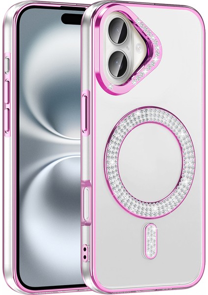 iPhone 16 Kılıf Pırlanta Taş Tasarımlı M-Safe Şarj Özellikli Karetta Silikon Kapak