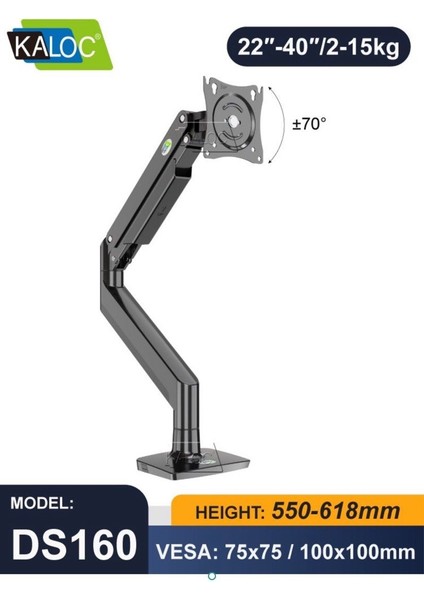 DS160 22 "-40" LCD Aluminyum Monitör Tutucu Kol Amortisörlü Vesa Monitör Standı Max 15 kg