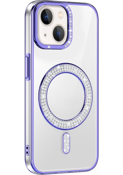 iPhone 13 Kılıf Pırlanta Taş Tasarımlı M-Safe Şarj Özellikli Karetta Silikon Kılıf
