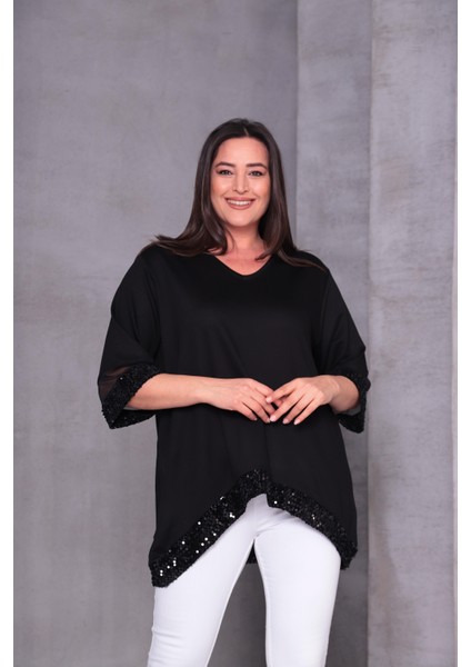 Kadın Büyük Beden Payet ve Tül Detay Salaş Bluz