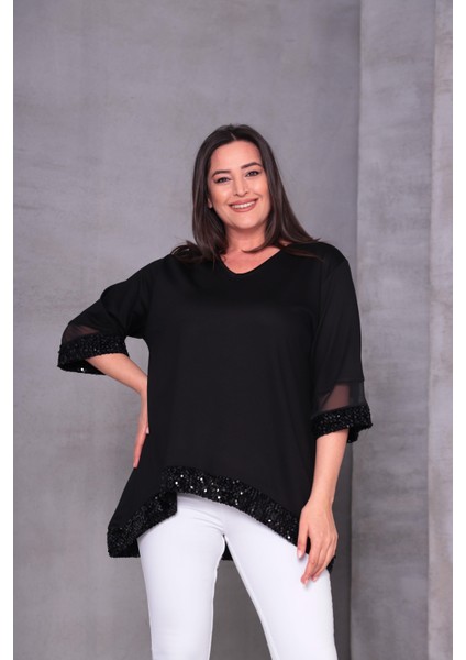 Kadın Büyük Beden Payet ve Tül Detay Salaş Bluz modelleri