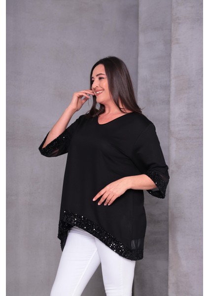 Kadın Büyük Beden Payet ve Tül Detay Salaş Bluz fırsatları