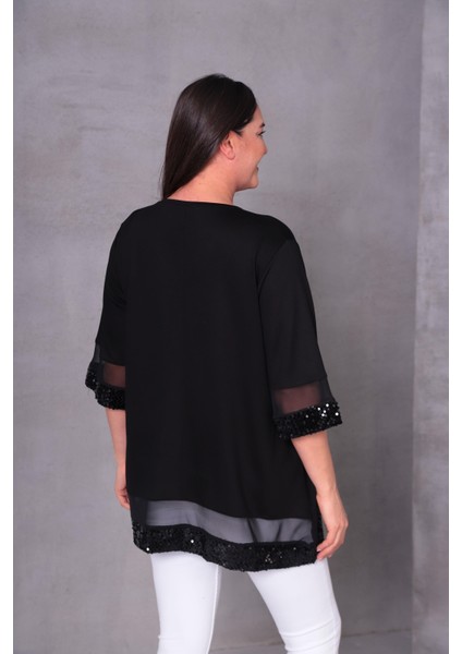 Kadın Büyük Beden Payet ve Tül Detay Salaş Bluz indirimleri