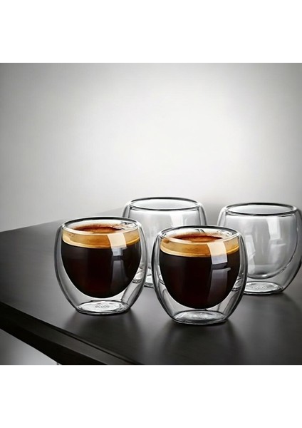 80 ml Çift Cam Duvarlı Isıya Dayanıklı Espresso Bardağı 4’lü Set