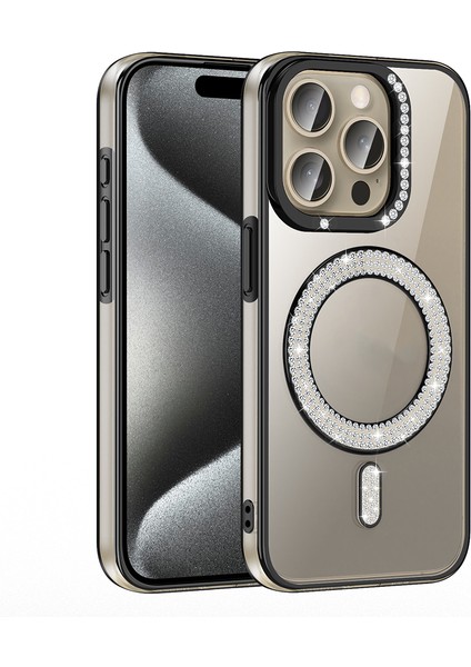iPhone 15 Pro Max Kılıf Pırlanta Taş Tasarımlı M-Safe Şarj Özellikli Karetta Silikon Kapak