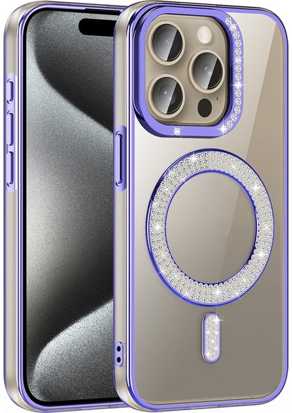 iPhone 15 Pro Max Kılıf Pırlanta Taş Tasarımlı M-Safe Şarj Özellikli Karetta Silikon Kapak