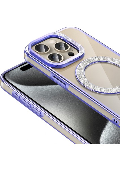 iPhone 15 Pro Max Kılıf Pırlanta Taş Tasarımlı M-Safe Şarj Özellikli Karetta Silikon Kapak