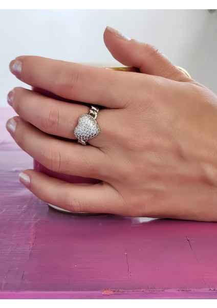 Kalp Figürlü Zincir Formlu Taşlı Ayarlanabilir Silver Renk Çelik Yüzük