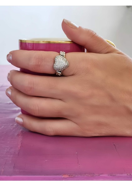 Kalp Figürlü Zincir Formlu Taşlı Ayarlanabilir Silver Renk Çelik Yüzük