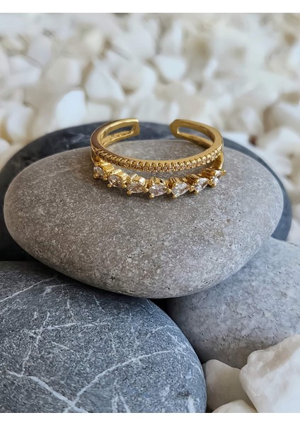 Iki Sıralı Damla Taş Model Ayarlanabilir Gold Renk Çelik Yüzük