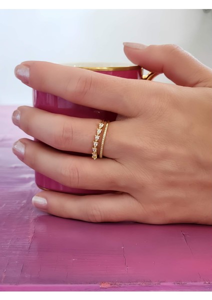 Iki Sıralı Damla Taş Model Ayarlanabilir Gold Renk Çelik Yüzük