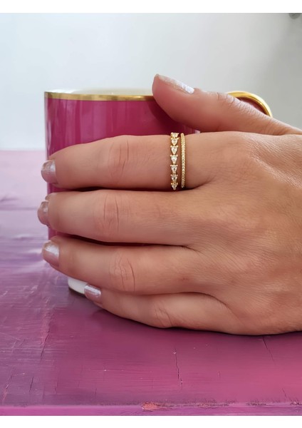 Iki Sıralı Damla Taş Model Ayarlanabilir Gold Renk Çelik Yüzük