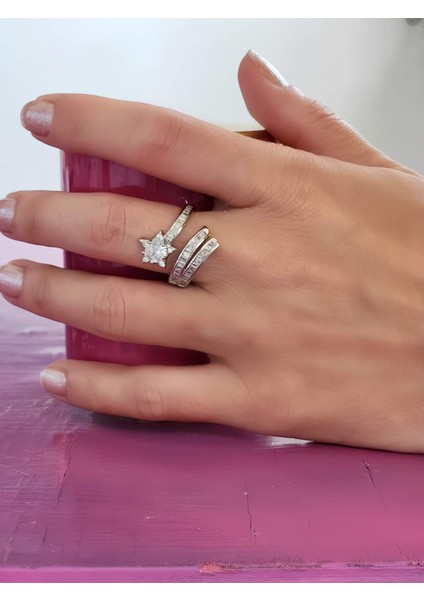 Yıldız Figürlü Dolamalı Formlu Ayarlanabilir Silver Renk Çelik Yüzük
