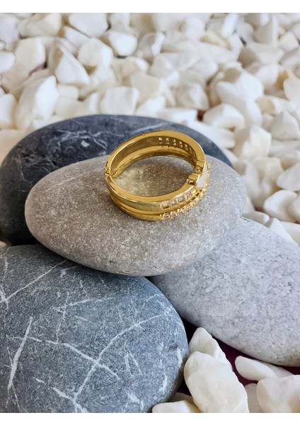 Iki Sıralı Sedefli Kalp Tam Tur Model Taş Model Ayarlanabilir Gold Renk Çelik Yüzük