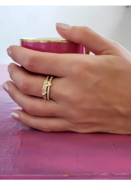 Iki Sıralı Sedefli Kalp Tam Tur Model Taş Model Ayarlanabilir Gold Renk Çelik Yüzük