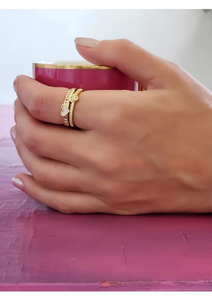 Iki Sıralı Sedefli Kalp Tam Tur Model Taş Model Ayarlanabilir Gold Renk Çelik Yüzük