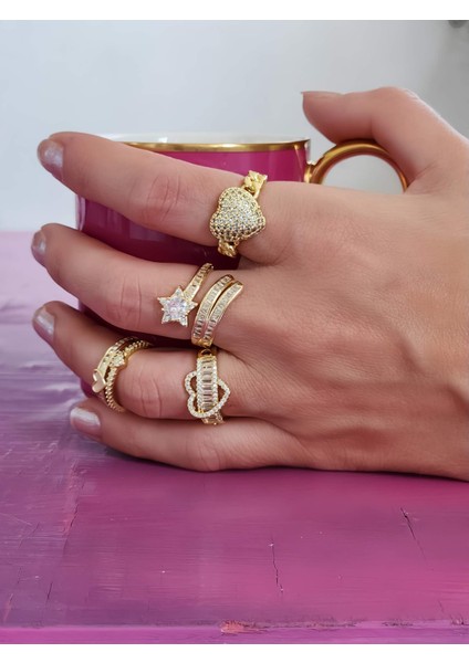 Iki Sıralı Sedefli Kalp Tam Tur Model Taş Model Ayarlanabilir Gold Renk Çelik Yüzük