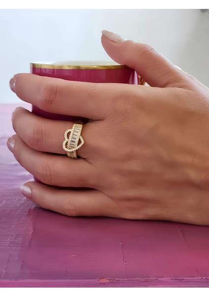 Kalp Figürlü Yarım Tur Formlu Ayarlanabilir Gold Renk Çelik Yüzük
