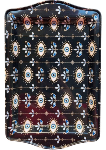 Metal Tepsi, Sunum Self Servis Tepsisi, 25X16 Nazar Boncuklu Siyah Tepsi