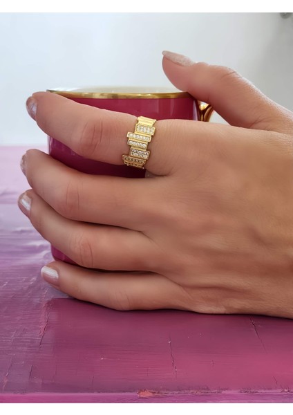 Zikzak Geometrik Model Sedefli Zirkon Taşlı Ayarlanabilir Gold Renk Çelik Yüzük