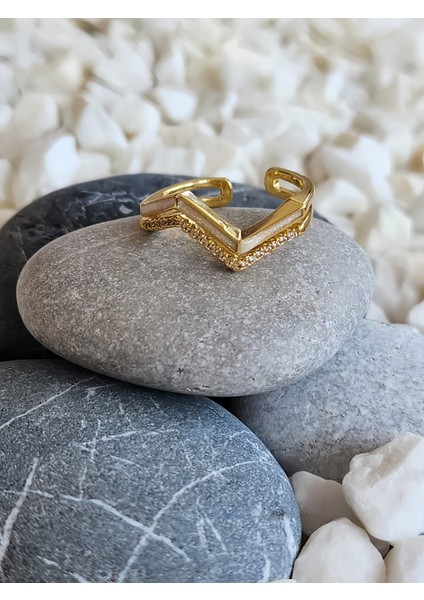 Zikzak Geometrik Model Sedefli Zirkon Taşlı Ayarlanabilir Gold Renk Çelik Yüzük