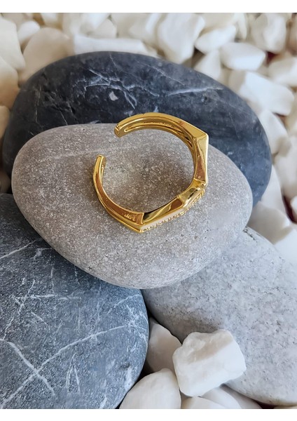 Zikzak Geometrik Model Sedefli Zirkon Taşlı Ayarlanabilir Gold Renk Çelik Yüzük