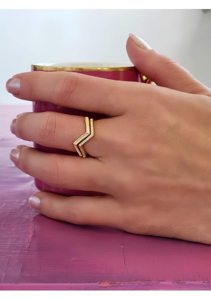 Zikzak Geometrik Model Sedefli Zirkon Taşlı Ayarlanabilir Gold Renk Çelik Yüzük