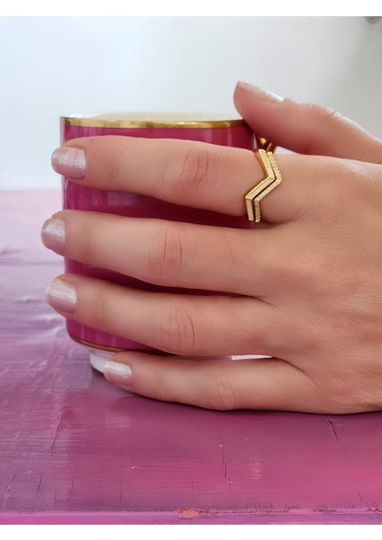 Zikzak Geometrik Model Sedefli Zirkon Taşlı Ayarlanabilir Gold Renk Çelik Yüzük