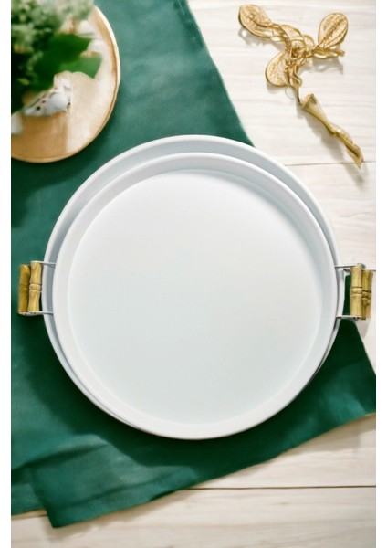 2 Li Ahşap Kulplu 51 cm Metal Tepsi ve 45 cm Beyaz Tepsi Çay Kahve Sunum Tepsisi fiyatları