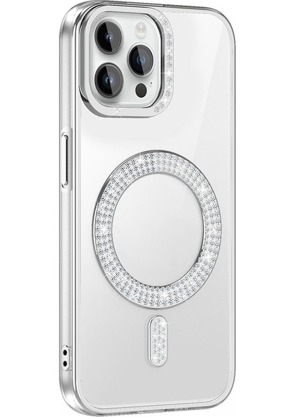 iPhone 12 Pro Kılıf Pırlanta Taş Tasarımlı M-Safe Şarj Özellikli Karetta Silikon Kılıf