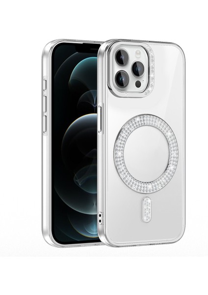 iPhone 12 Pro Kılıf Pırlanta Taş Tasarımlı M-Safe Şarj Özellikli Karetta Silikon Kılıf