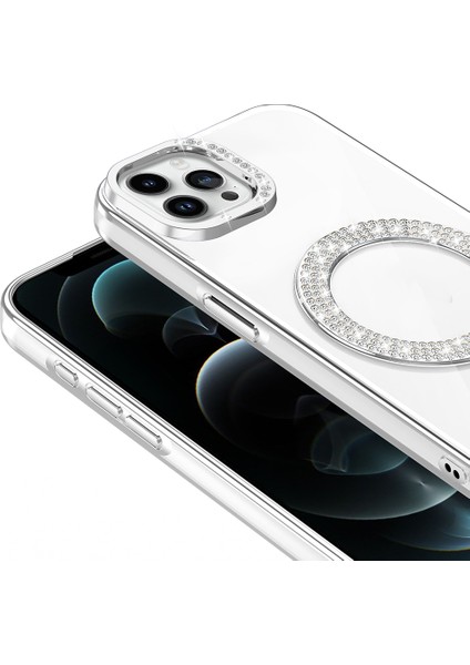 iPhone 12 Pro Kılıf Pırlanta Taş Tasarımlı M-Safe Şarj Özellikli Karetta Silikon Kılıf