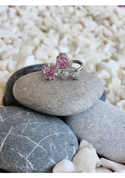 Papyon Fiyonk Model Pembe Taşlı Ayarlanabilir Silver Renk Çelik Yüzük