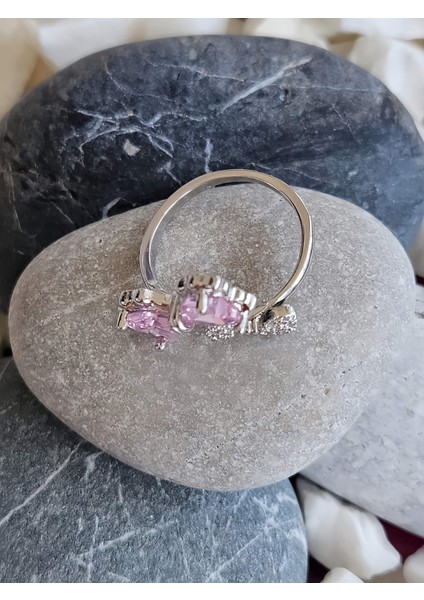 Papyon Fiyonk Model Pembe Taşlı Ayarlanabilir Silver Renk Çelik Yüzük