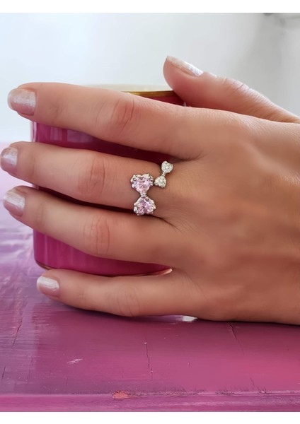 Papyon Fiyonk Model Pembe Taşlı Ayarlanabilir Silver Renk Çelik Yüzük